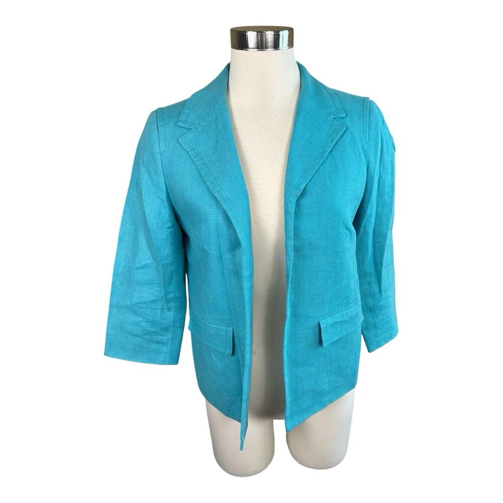 Talbots Linen Open Front Teal Blazer Jacket Petite 6